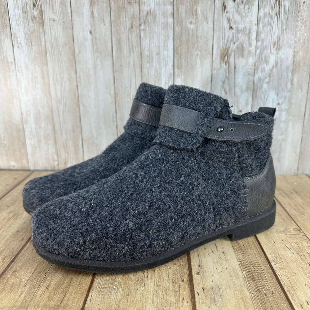 Bearpaw Solstice Ankle Boots Gray Wool Blend Faux Leather‎ Strap Winter Shoes